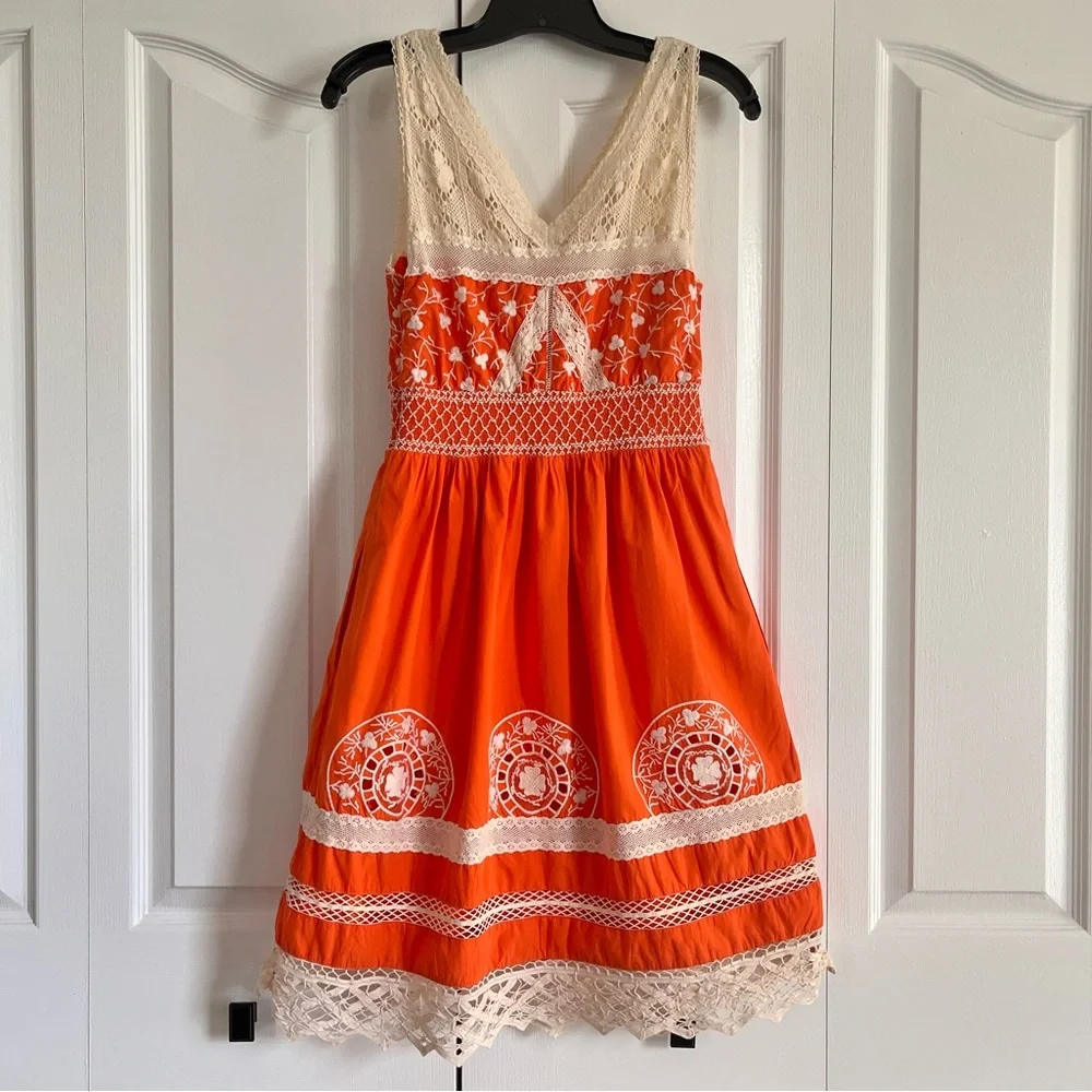 Anthropologie Moulinette Soeurs Orange Cream embroidered Sundress Sleeveless 6 - Picture 3 of 11